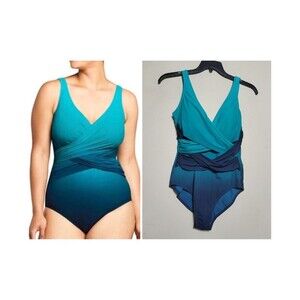 Lands End Swimsuit Teal Ombre Women 12 Tummy Control Wrap Beach Summer Vacation